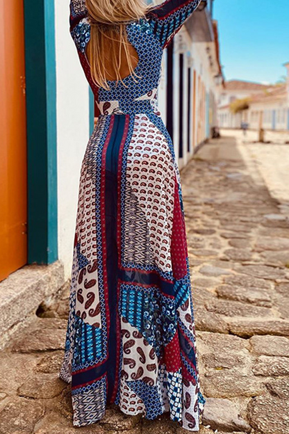 LD | Casual Print Patchwork V-Hals Taille Rok Jurken