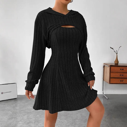 LD New Fashion Herfst Winter Sjaal met capuchon Lange Mouw Vest Korte Rok Tweedelige Set