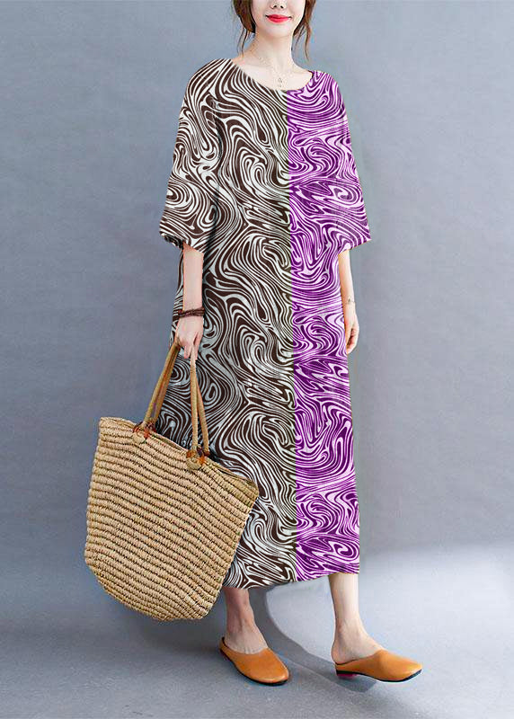 LD Colour Block Losse O-hals Print Zomer Zijde Open Jurk Halve Mouwen