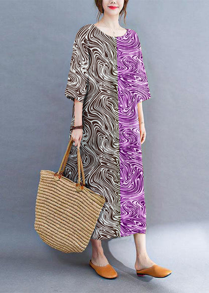 LD Colour Block Losse O-hals Print Zomer Zijde Open Jurk Halve Mouwen