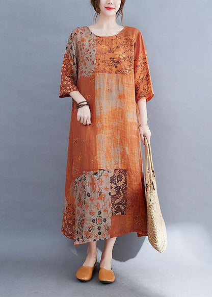LD Colour Block Losse O-hals Print Zomer Zijde Open Jurk Halve Mouwen
