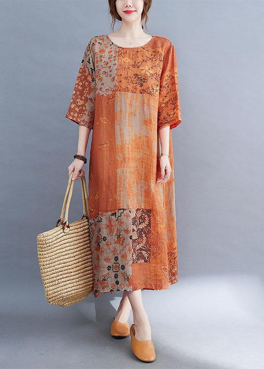 LD Colour Block Losse O-hals Print Zomer Zijde Open Jurk Halve Mouwen