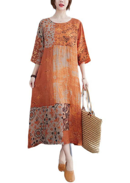 LD Colour Block Losse O-hals Print Zomer Zijde Open Jurk Halve Mouwen