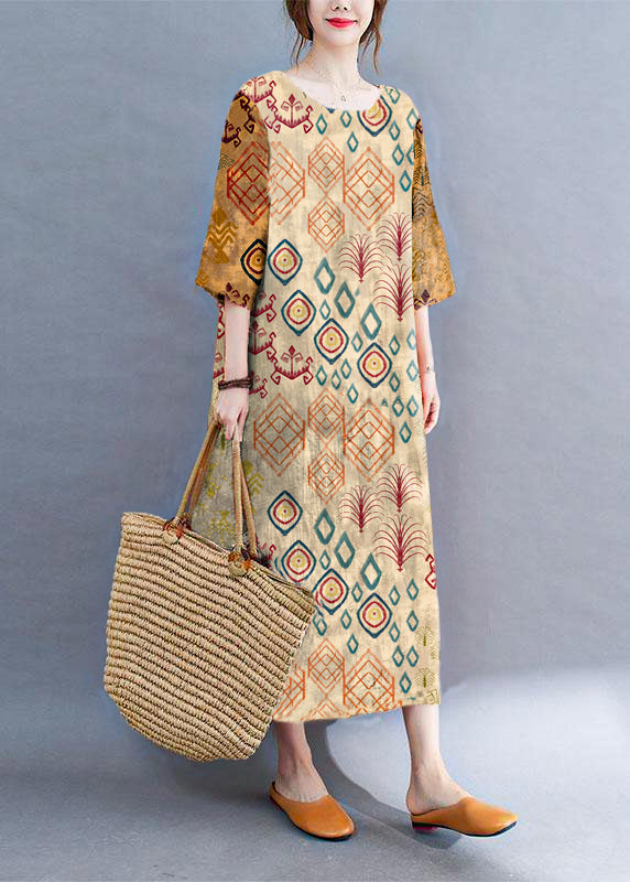 LD Colour Block Losse O-hals Print Zomer Zijde Open Jurk Halve Mouwen