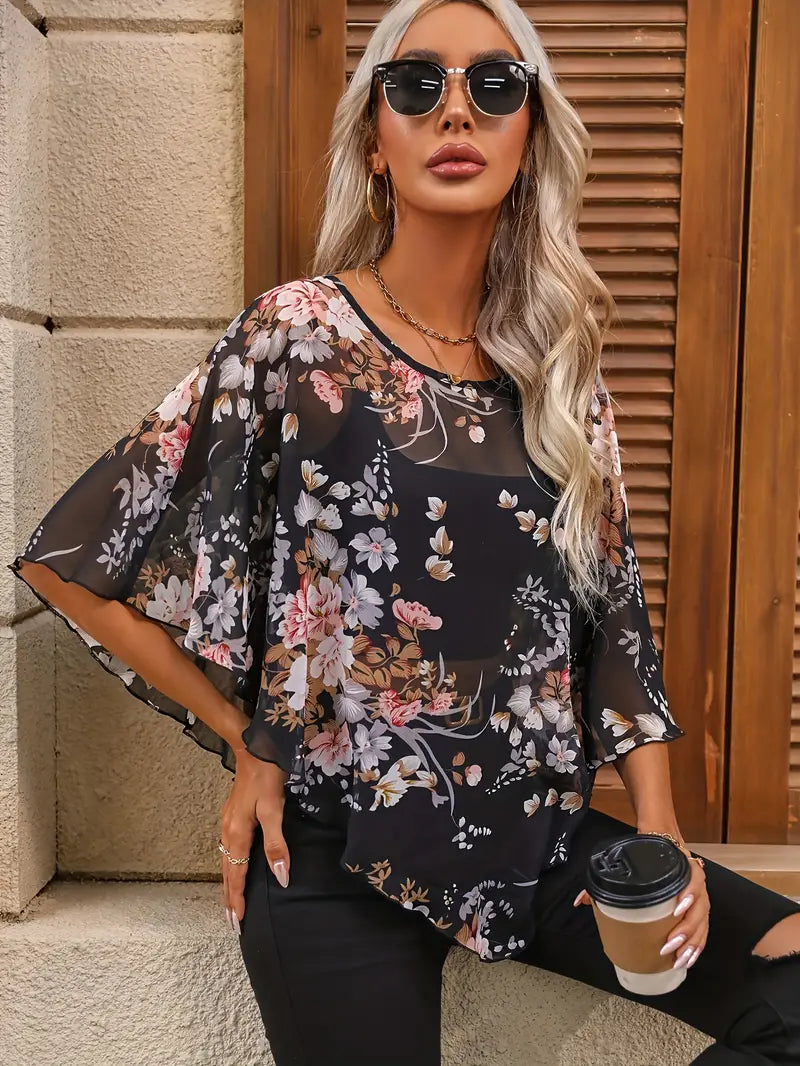 LD | Elegante asymmetrische blouse met bloemenprint
